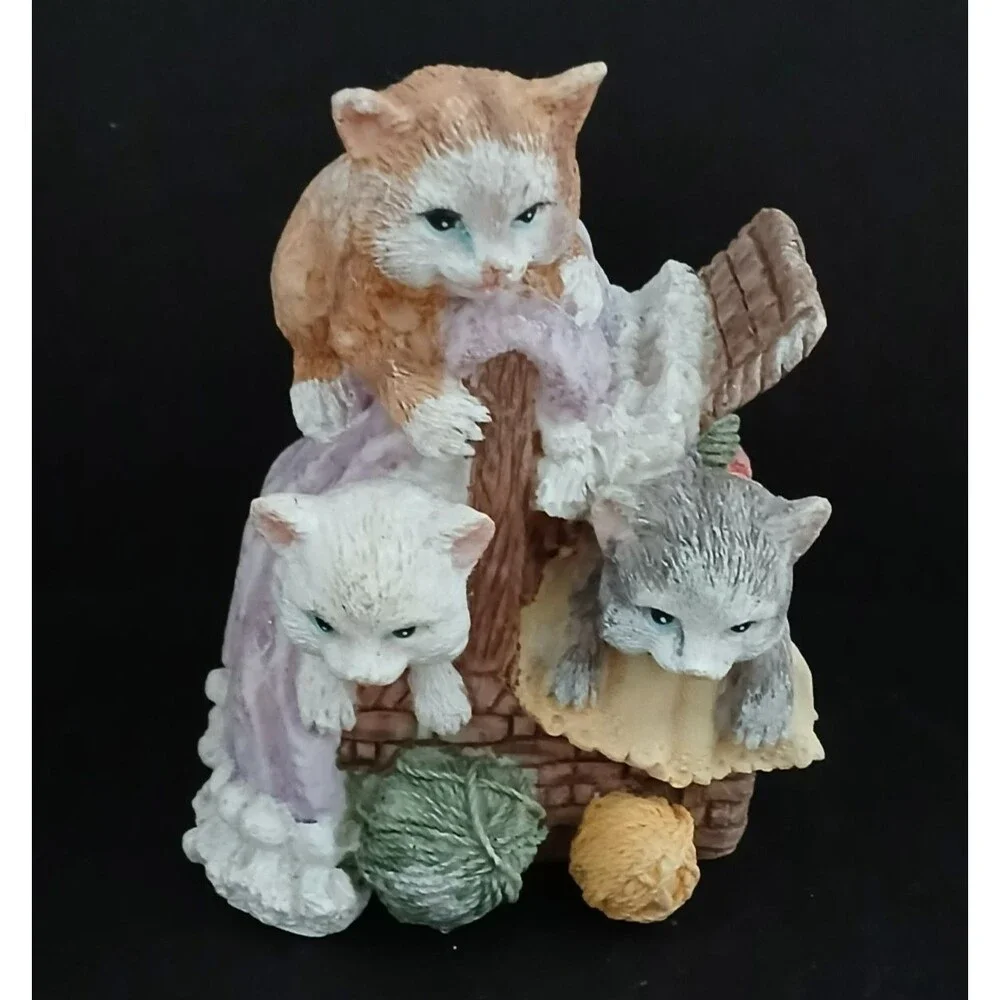 K's Collection Kittens in Basket Playing with Yarn Figurine Cute Fun Resin